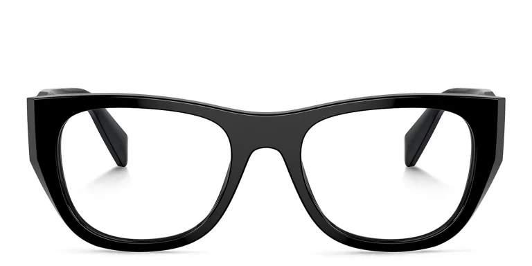 Shop PRADA Logo Irregular Eyeglasses in Black online.