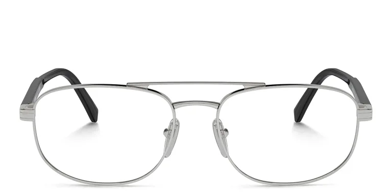 Shop PRADA Logo Wide Oval Eyeglasses in Silver online.