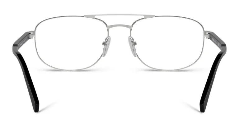 Shop PRADA Logo Wide Oval Eyeglasses in Silver online.