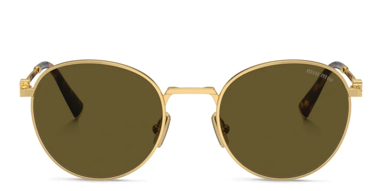 Shop MIU MIU Vertical Logo Round Sunglasses in Gold online.