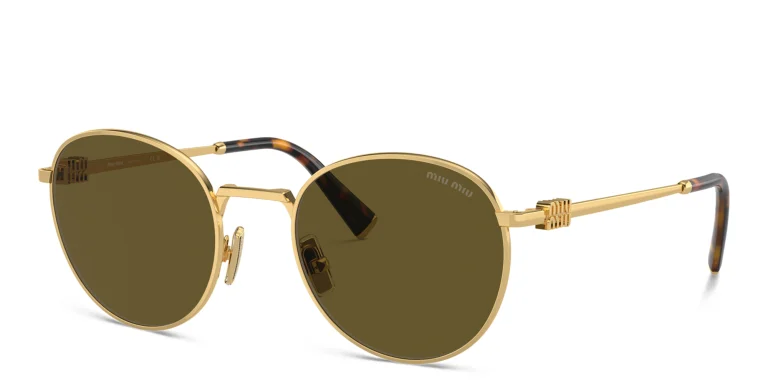 Shop MIU MIU Vertical Logo Round Sunglasses in Gold online.