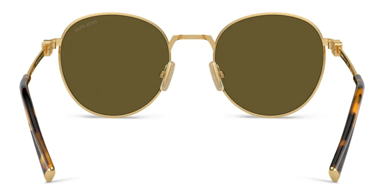 Shop MIU MIU Vertical Logo Round Sunglasses in Gold online.