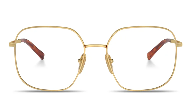 Shop PRADA Engraved Logo Wide Square Eyeglasses in Gold online.