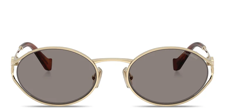 Shop MIU MIU Vertical Logo Oval Sunglasses in Gold online.