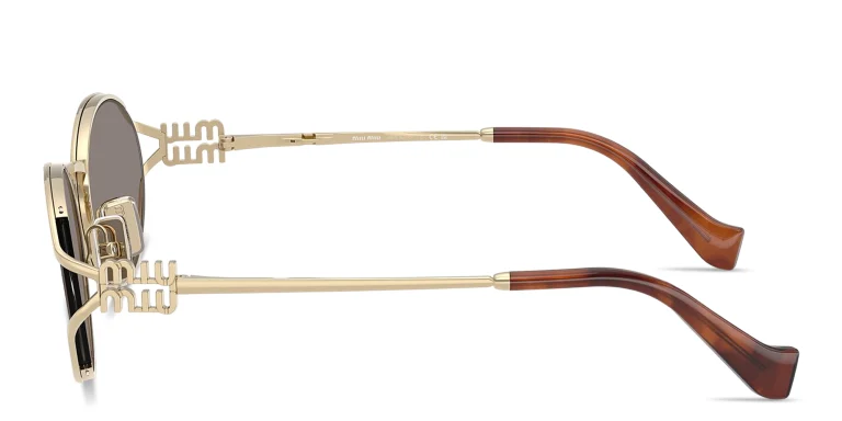 Shop MIU MIU Vertical Logo Oval Sunglasses in Gold online.