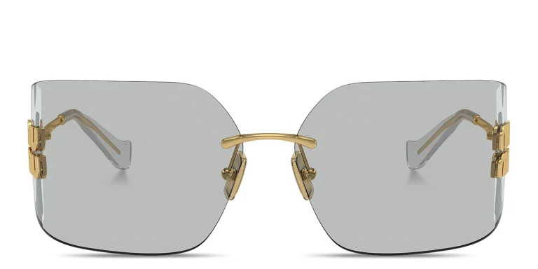 Shop MIU MIU Runway Rimless Wide Irregular Sunglasses in Gold online.
