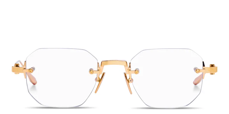 Shop AKONI Juno-One Unisex Rimless Irregular Eyeglasses in Gold online.