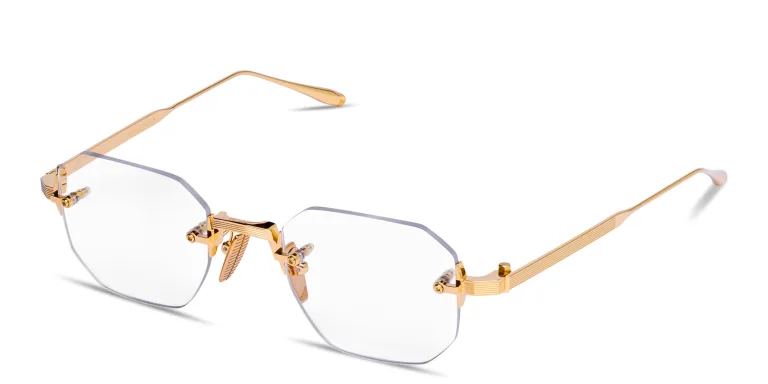 Shop AKONI Juno-One Unisex Rimless Irregular Eyeglasses in Gold online.