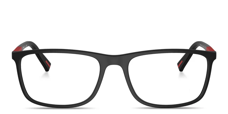 Shop PRADA Logo Lettering Wide Rectangle Eyeglasses in Black online.