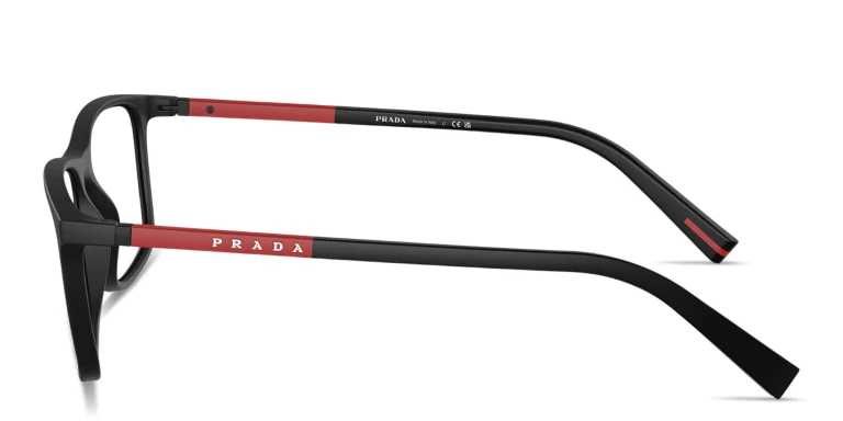 Shop PRADA Logo Lettering Wide Rectangle Eyeglasses in Black online.