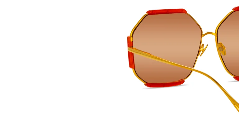 Shop LINDA FARROW Margot Oversized Wide Irregular Sunglasses in Yellow online.