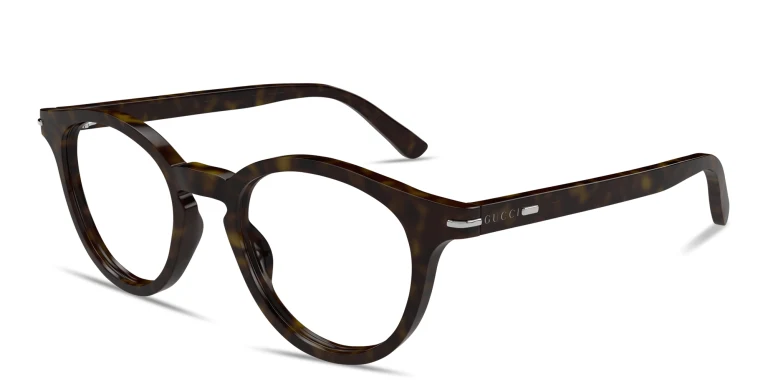Shop GUCCI Logo Signature Round Eyeglasses in Havana online.