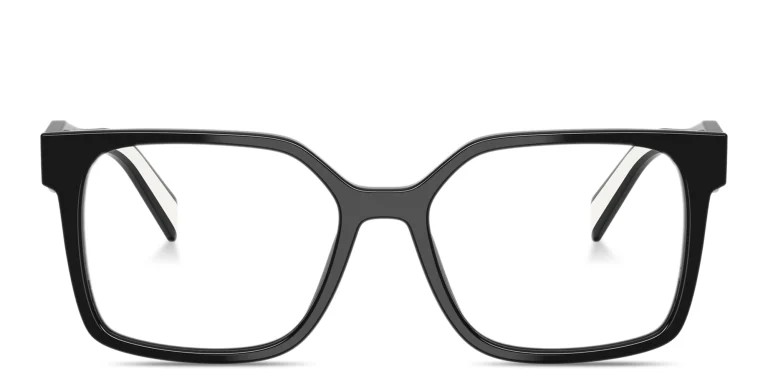 Shop PRADA Logo Signature Rectangle Eyeglasses in Black online.