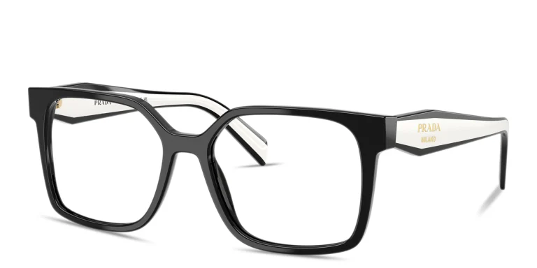 Shop PRADA Logo Signature Rectangle Eyeglasses in Black online.