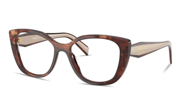 Shop PRADA Logo Signature Cat-Eye Eyeglasses in Havana online.