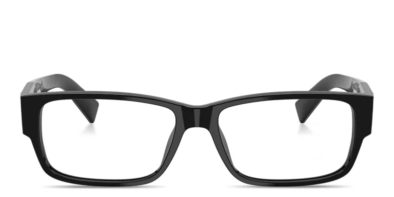 Shop PRADA Logo Lettering Wide Rectangle Eyeglasses in Black online.