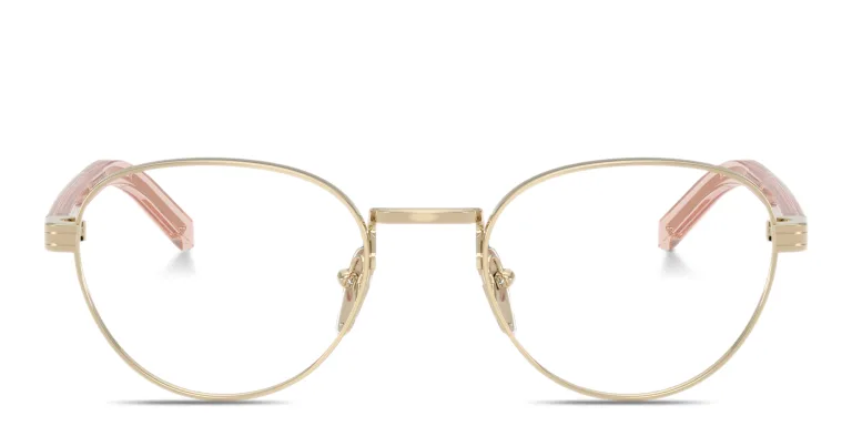 Shop PRADA Logo Print Panthos Eyeglasses in Gold online.