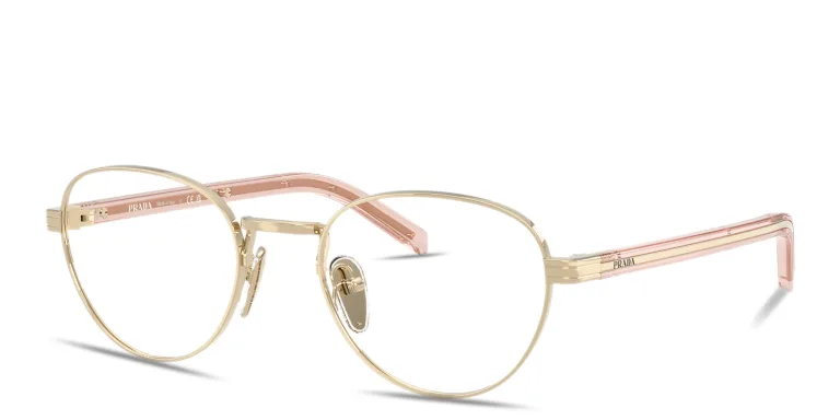 Shop PRADA Logo Print Panthos Eyeglasses in Gold online.