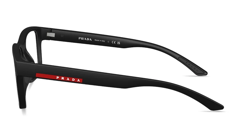 Shop Prada Linea Rossa Logo Signature Wide Rectangle Eyeglasses in Black online.