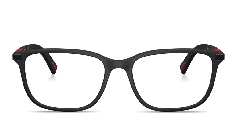 Shop Prada Linea Rossa Logo Lettering Square Eyeglasses in Black online.