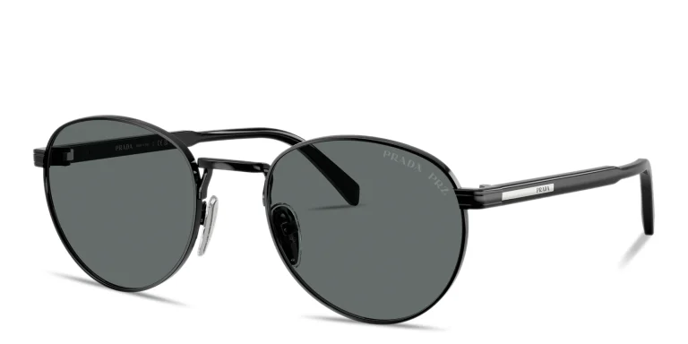 Shop PRADA Engraved Logo Panthos Sunglasses in Black online.