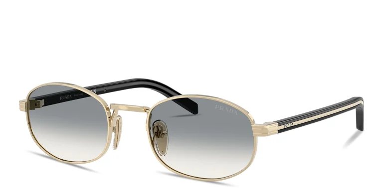 Shop PRADA Logo Signature Oval Sunglasses in Gold online.