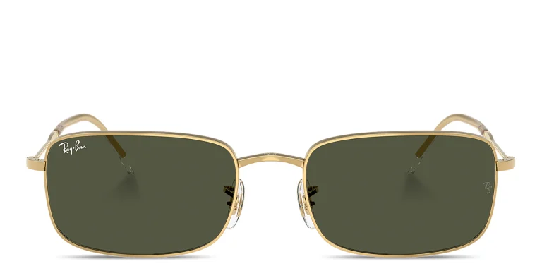 Shop Ray-Ban Logo-Engraved Unisex Rectangle Sunglasses in Gold online.
