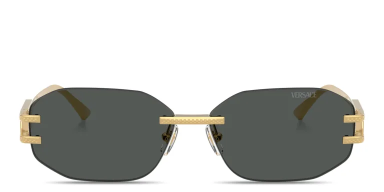 Shop VERSACE Damier Plaque Rimless Irregular Sunglasses in Gold online.