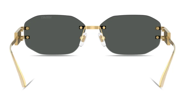 Shop VERSACE Damier Plaque Rimless Irregular Sunglasses in Gold online.