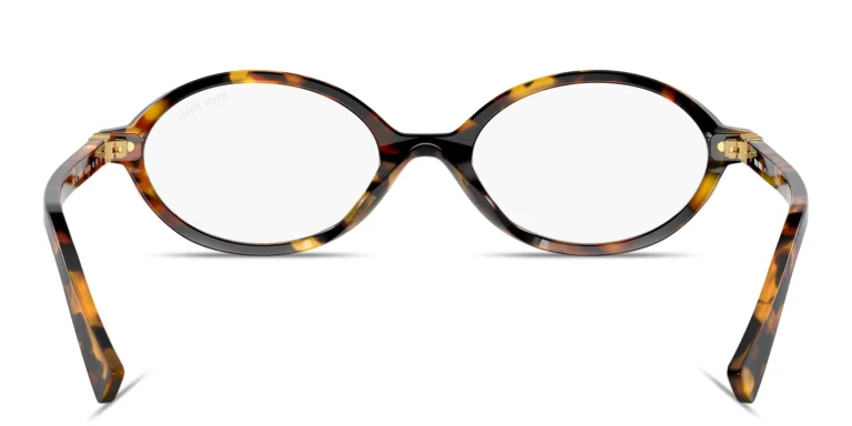 Shop MIU MIU Vertical Logo Oval Eyeglasses in Havana online.