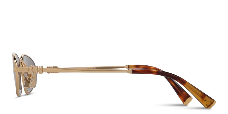 Shop MIU MIU Vertical Logo Irregular Sunglasses in Gold online.