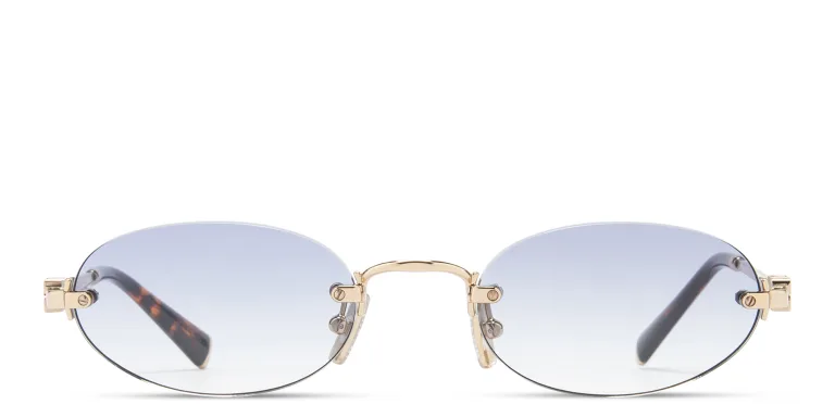 Shop MIU MIU Vertical Logo Rimless Oval Sunglasses in Gold online.
