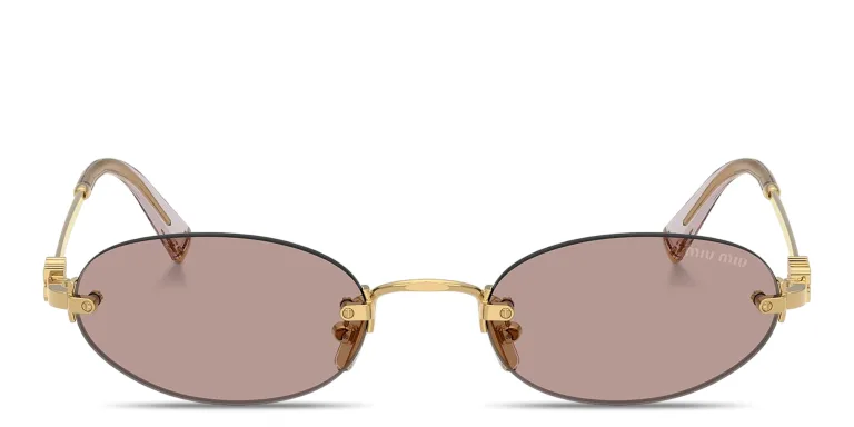 Shop MIU MIU Vertical Logo Rimless Oval Sunglasses in Gold online.