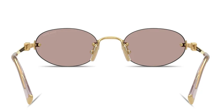 Shop MIU MIU Vertical Logo Rimless Oval Sunglasses in Gold online.