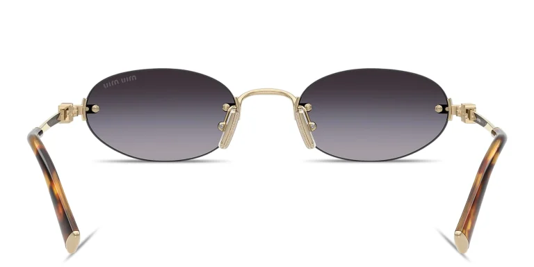 Shop MIU MIU Vertical Logo Rimless Oval Sunglasses in Gold online.