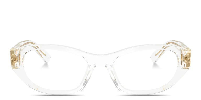 Shop MIU MIU Vertical Logo Irregular Eyeglasses in Clear online.