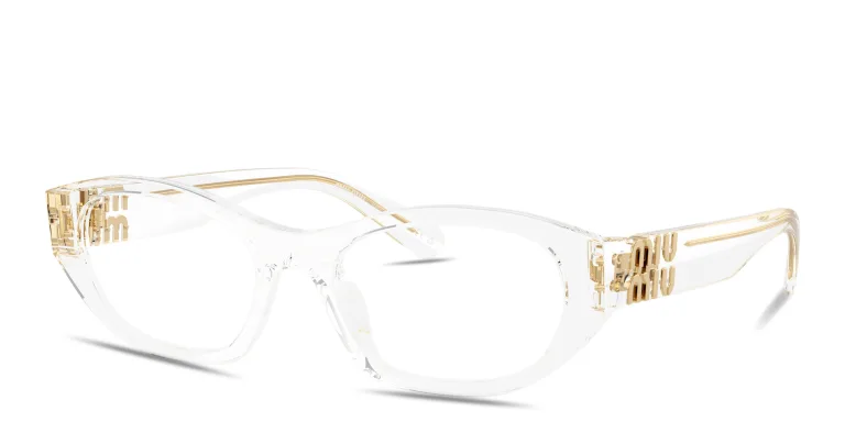 Shop MIU MIU Vertical Logo Irregular Eyeglasses in Clear online.