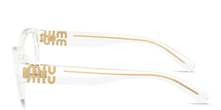 Shop MIU MIU Vertical Logo Irregular Eyeglasses in Clear online.