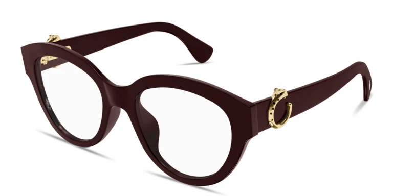 Shop Cartier Panthère de Cartier Round Eyeglasses in Burgundy online.