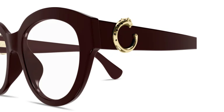 Shop Cartier Panthère de Cartier Round Eyeglasses in Burgundy online.