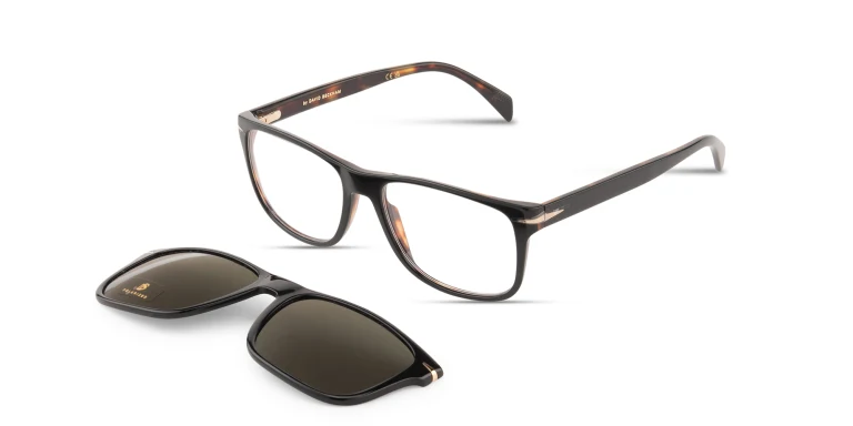 Shop DAVID BECKHAM Clip-On Wide Rectangle Eyeglasses in Havana online.