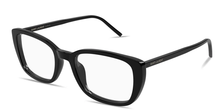 Shop SAINT LAURENT Logo Signature Rectangle Eyeglasses in Black online.