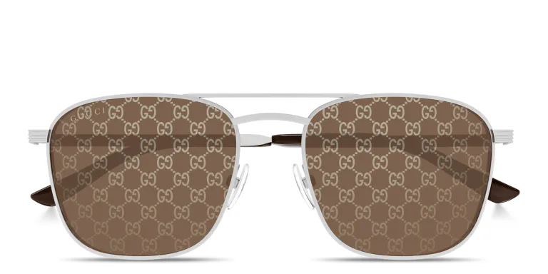 Shop GUCCI Engraved Logo Square Sunglasses in Silver online.