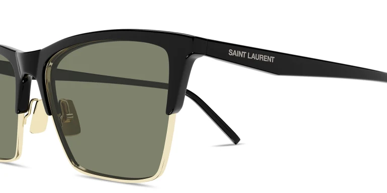 Shop SAINT LAURENT Logo Lettering Cat-Eye Sunglasses in Gold online.