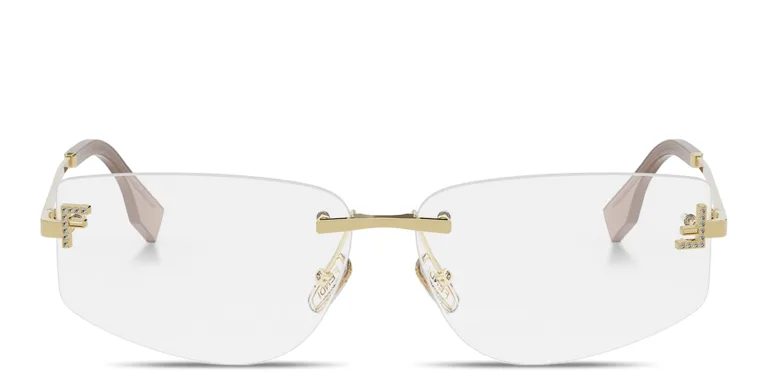 Shop FENDI Fendi First Crystal Rimless Wide Irregular Eyeglasses in Gold online.