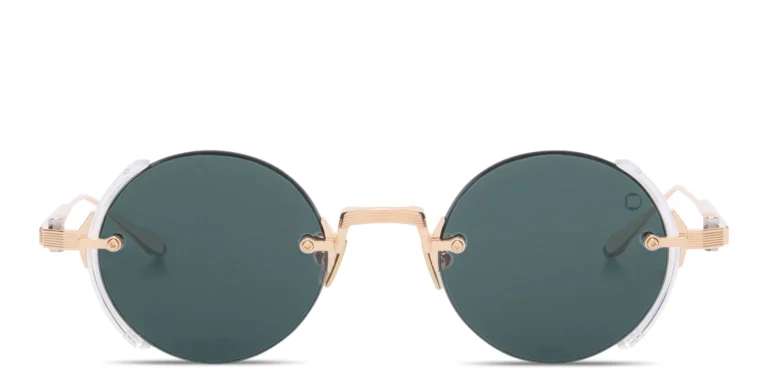 Shop AKONI Jupiter Unisex Rimless Round Sunglasses in Gold online.