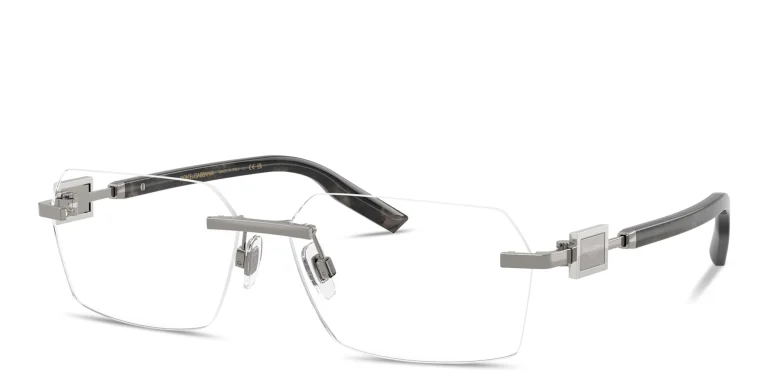 Shop Dolce & Gabbana Logo Signature Rimless Wide Rectangle Eyeglasses in Gunmetal online.
