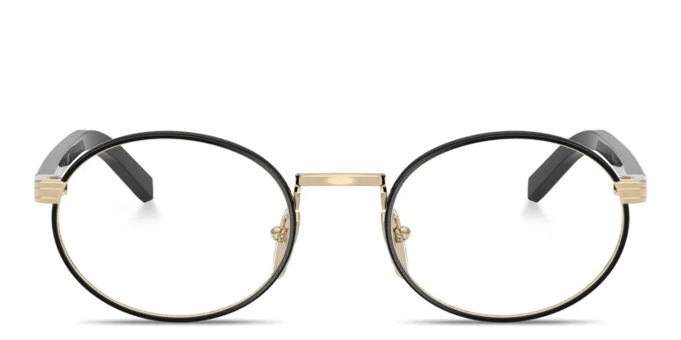 Shop PRADA Logo Lettering Oval Eyeglasses in Gold online.