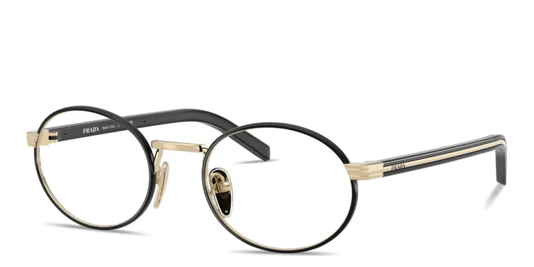 Shop PRADA Logo Lettering Oval Eyeglasses in Gold online.
