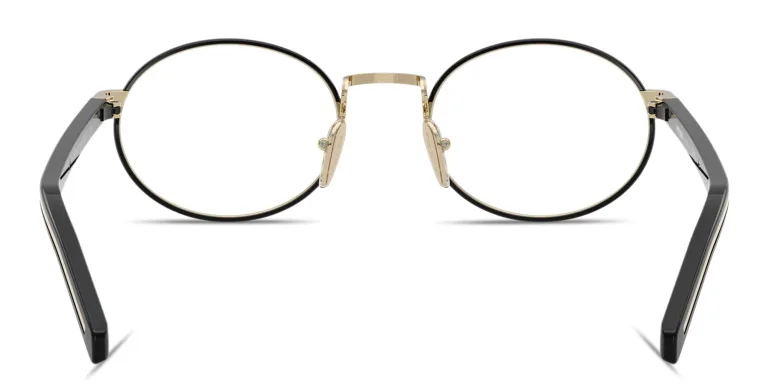 Shop PRADA Logo Lettering Oval Eyeglasses in Gold online.